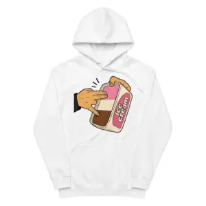 Neapolitan Ice Cream Shocker Hand Innuendo Funny T-Shirt 7 Cozy pullover hoodie displaying white tee front print showing a cartoon hand dipping fingers into a Neapolitan ice cream tub