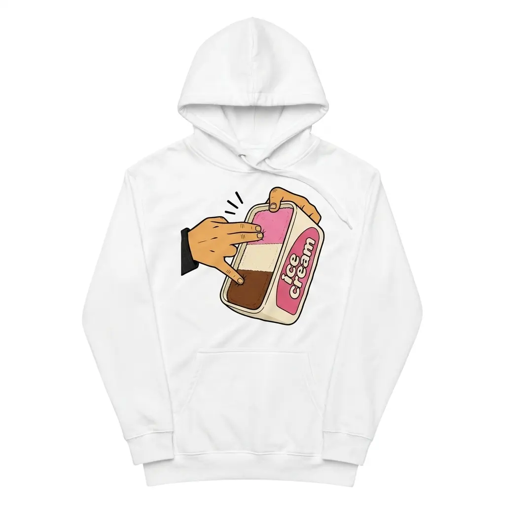 Neapolitan Ice Cream Shocker Hand Innuendo Funny T-Shirt 2 Cozy pullover hoodie displaying white tee front print showing a cartoon hand dipping fingers into a Neapolitan ice cream tub