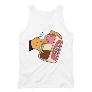 Neapolitan Ice Cream Shocker Hand Innuendo Funny T-Shirt 8 Sleeveless casual tank top with white tee front print showing a cartoon hand dipping fingers into a Neapolitan ice cream tub
