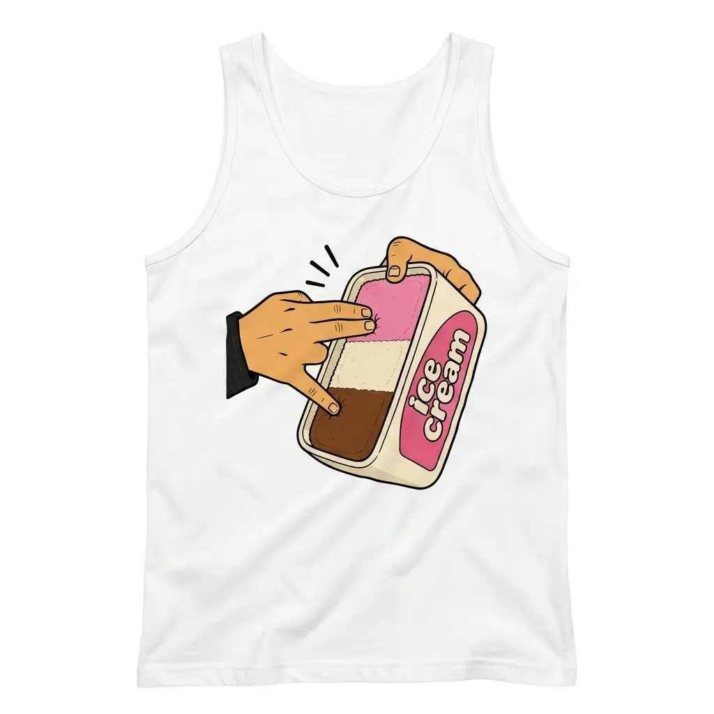 Neapolitan Ice Cream Shocker Hand Innuendo Funny T-Shirt 3 Sleeveless casual tank top with white tee front print showing a cartoon hand dipping fingers into a Neapolitan ice cream tub