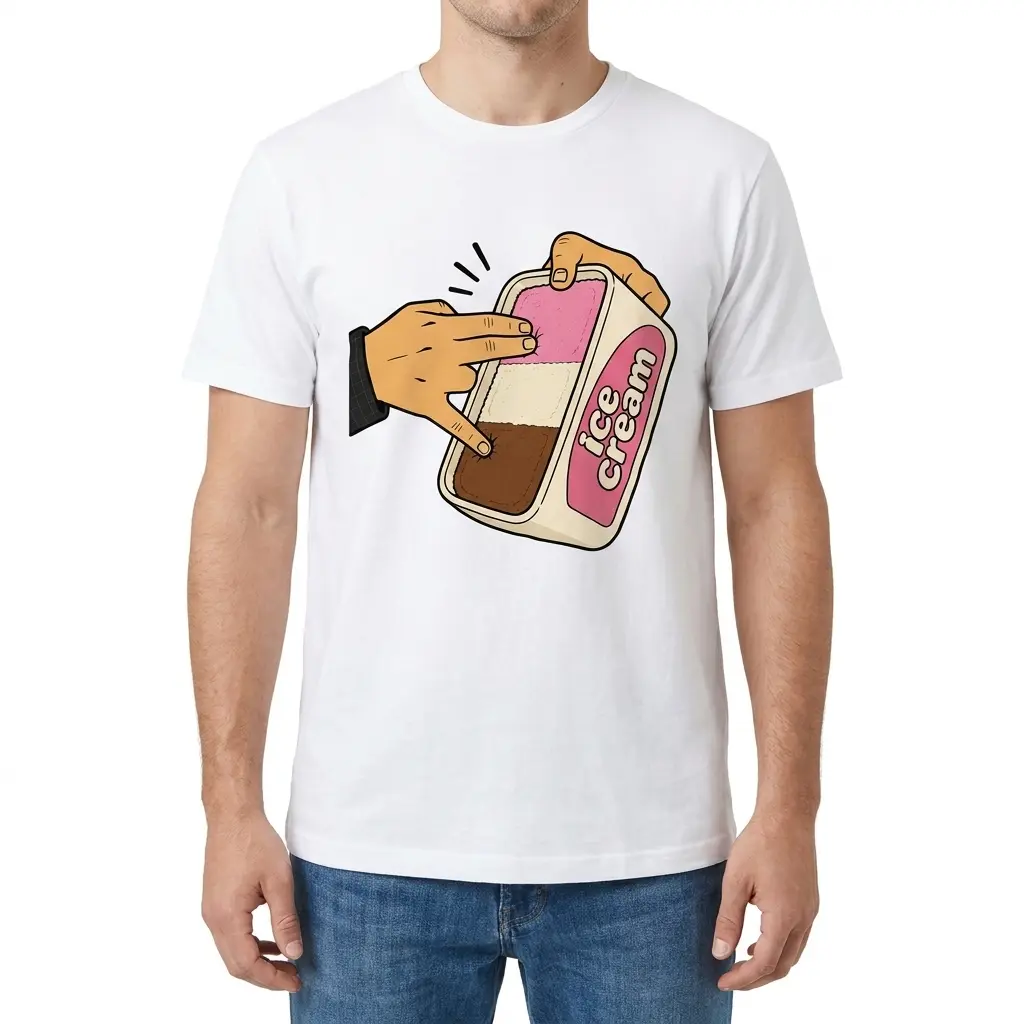 Neapolitan Ice Cream Shocker Hand Innuendo Funny T-Shirt 4 Man wearing white graphic tee with white tee front print showing a cartoon hand dipping fingers into a Neapolitan ice cream tub