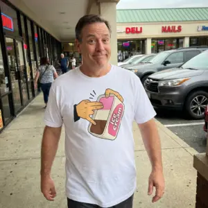 Neapolitan Ice Cream Shocker Hand Innuendo Funny T-Shirt 11 Close-up casual look showcasing white tee and white tee front print showing a cartoon hand dipping fingers into a Neapolitan ice cream tub