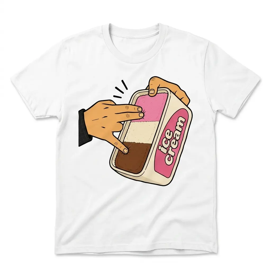Neapolitan Ice Cream Shocker Hand Innuendo Funny T-Shirt 1 Flatlay white t-shirt featuring white tee front print showing a cartoon hand dipping fingers into a Neapolitan ice cream tub