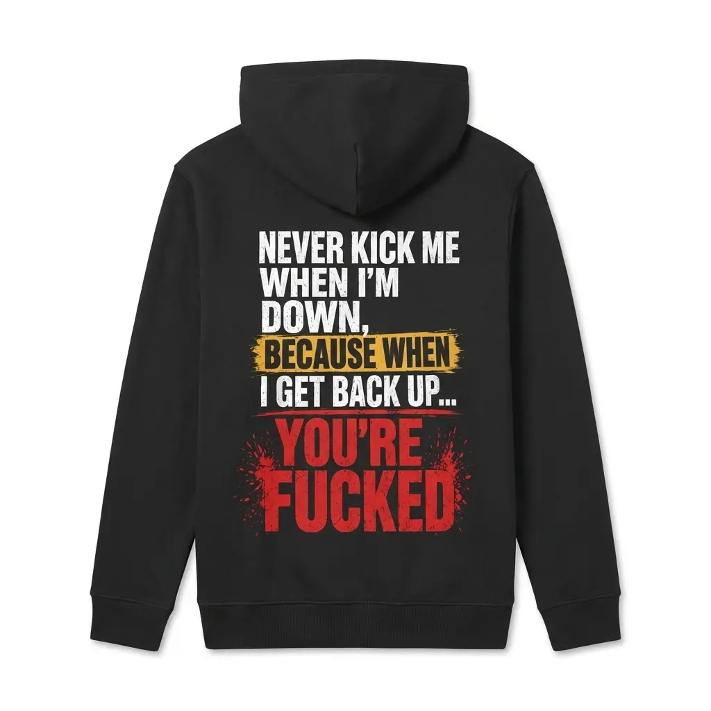 Cozy pullover hoodie displaying black tee back print reading NEVER KICK ME WHEN IM DOWN BECAUSE WHEN I GET BACK UP YOURE FUCKED