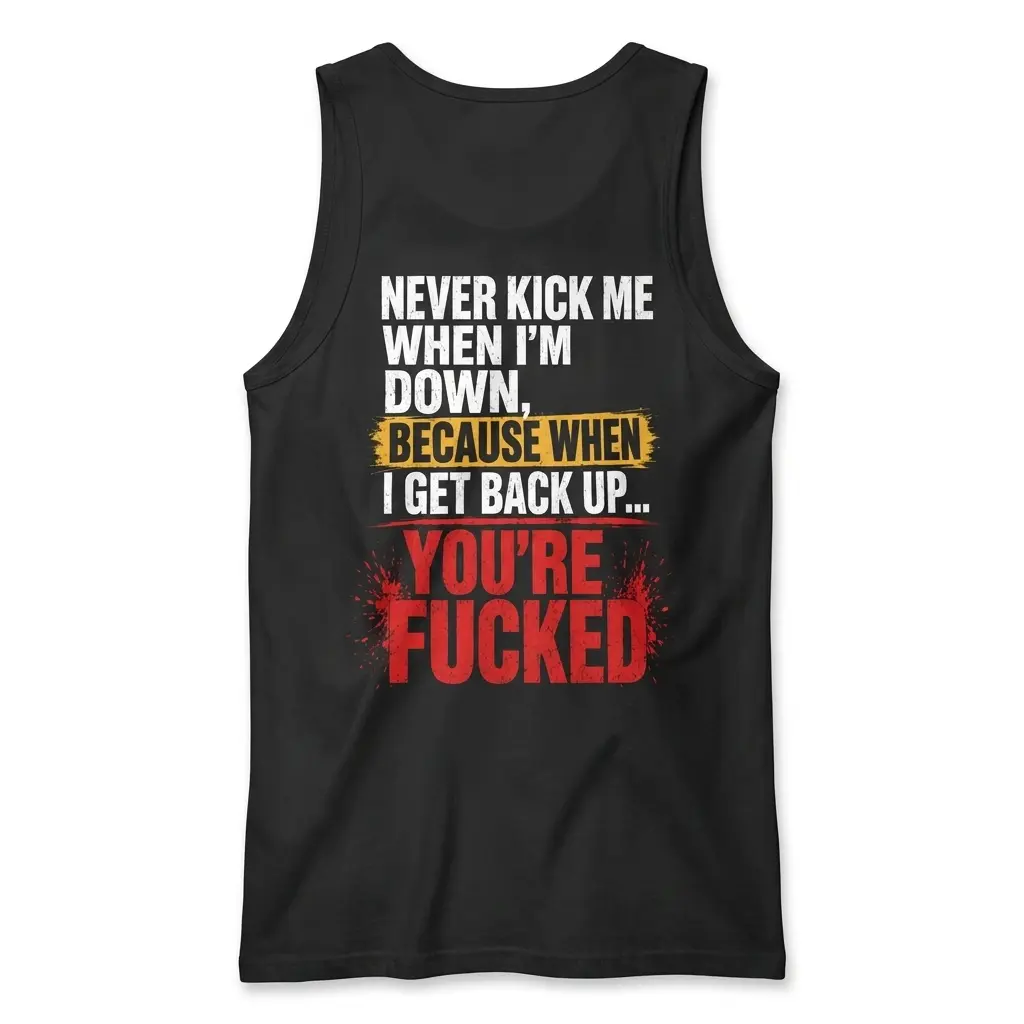 Sleeveless casual tank top with black tee back print reading NEVER KICK ME WHEN IM DOWN BECAUSE WHEN I GET BACK UP YOURE FUCKED