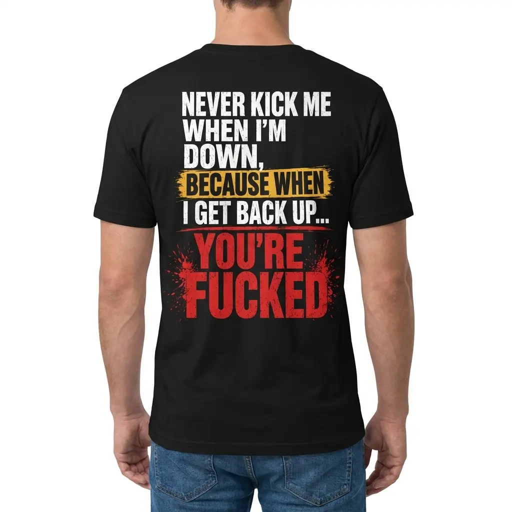 Man wearing black graphic tee with black tee back print reading NEVER KICK ME WHEN IM DOWN BECAUSE WHEN I GET BACK UP YOURE FUCKED