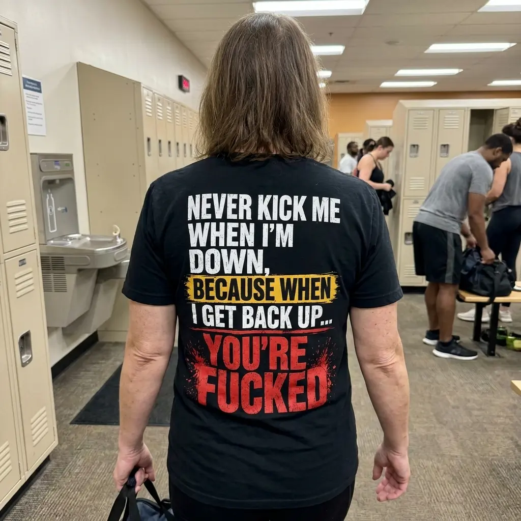 Everyday streetwear outfit styling black shirt with black tee back print reading NEVER KICK ME WHEN IM DOWN BECAUSE WHEN I GET BACK UP YOURE FUCKED