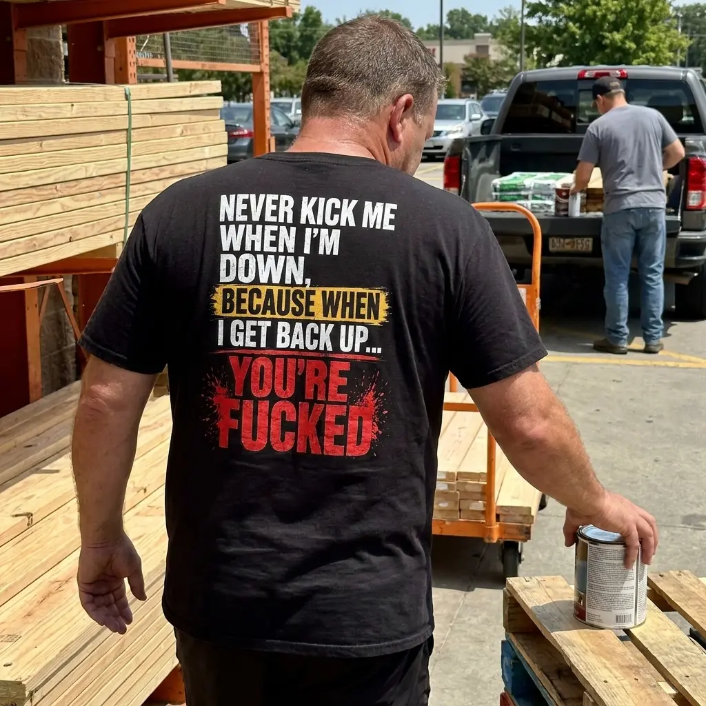 Close-up casual look showcasing black tee and black tee back print reading NEVER KICK ME WHEN IM DOWN BECAUSE WHEN I GET BACK UP YOURE FUCKED
