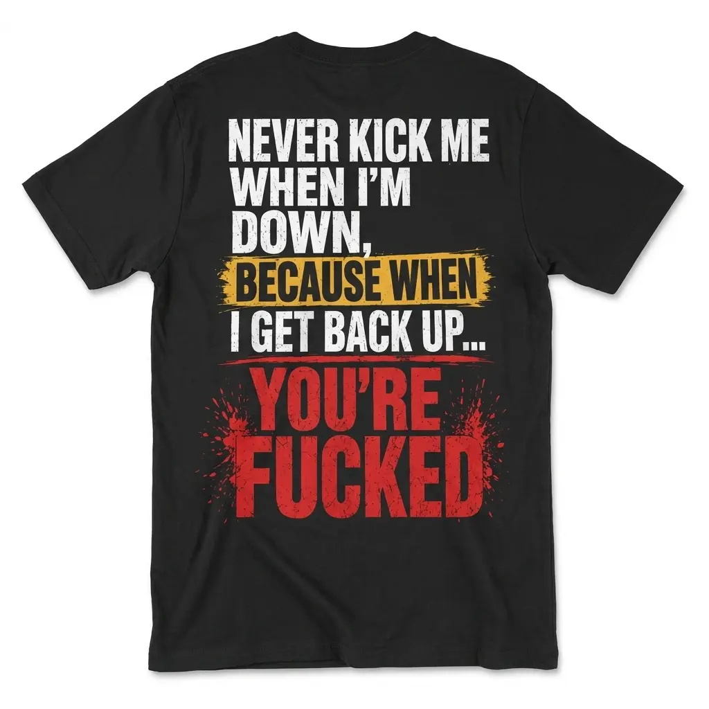 Flatlay black t-shirt featuring black tee back print reading NEVER KICK ME WHEN IM DOWN BECAUSE WHEN I GET BACK UP YOURE FUCKED