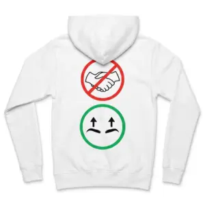 No Handshake Just Eyebrow Nod Introvert Funny T-Shirt 7 Cozy pullover hoodie displaying back print with a red no-handshake symbol above a green circle showing raised eyebrows with up arrows
