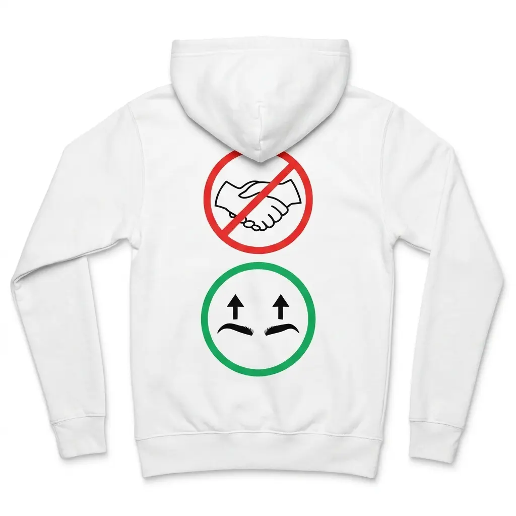 Cozy pullover hoodie displaying back print with a red no-handshake symbol above a green circle showing raised eyebrows with up arrows
