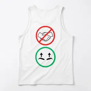 No Handshake Just Eyebrow Nod Introvert Funny T-Shirt 8 Sleeveless casual tank top with back print with a red no-handshake symbol above a green circle showing raised eyebrows with up arrows