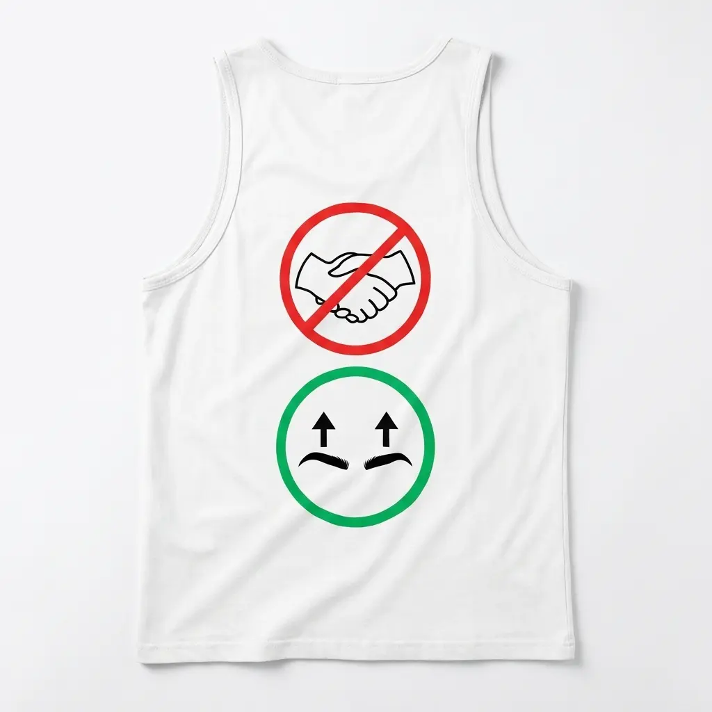 Sleeveless casual tank top with back print with a red no-handshake symbol above a green circle showing raised eyebrows with up arrows