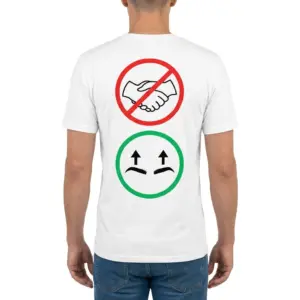 No Handshake Just Eyebrow Nod Introvert Funny T-Shirt 9 Man wearing white graphic tee with back print with a red no-handshake symbol above a green circle showing raised eyebrows with up arrows
