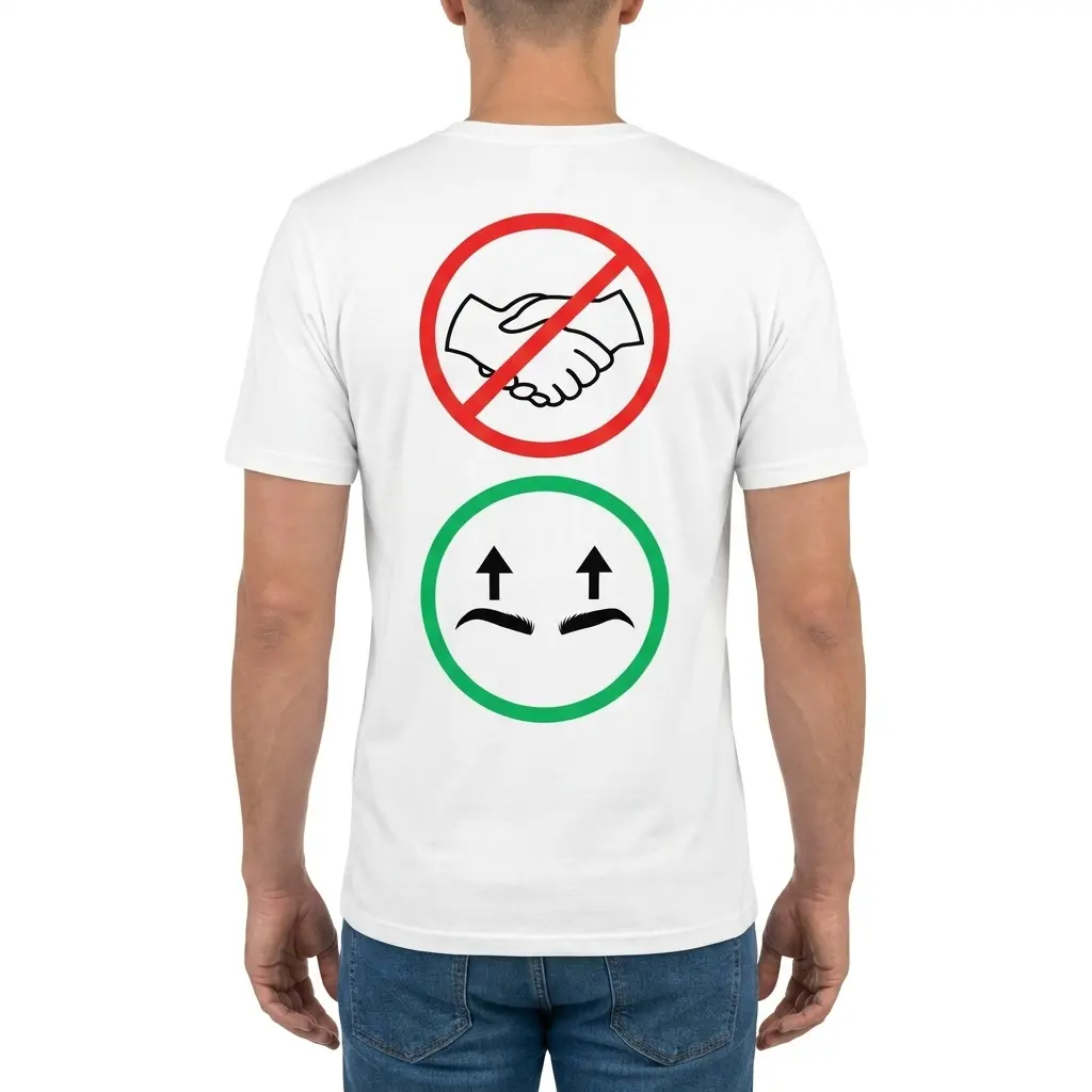 Man wearing white graphic tee with back print with a red no-handshake symbol above a green circle showing raised eyebrows with up arrows
