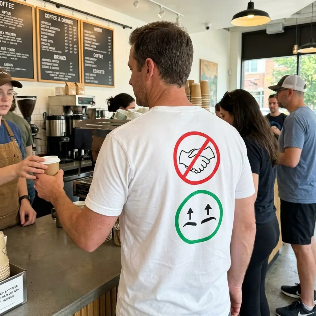 Everyday streetwear outfit styling white shirt with back print with a red no-handshake symbol above a green circle showing raised eyebrows with up arrows