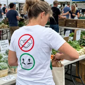 No Handshake Just Eyebrow Nod Introvert Funny T-Shirt 11 Close-up casual look showcasing white tee and back print with a red no-handshake symbol above a green circle showing raised eyebrows with up arrows