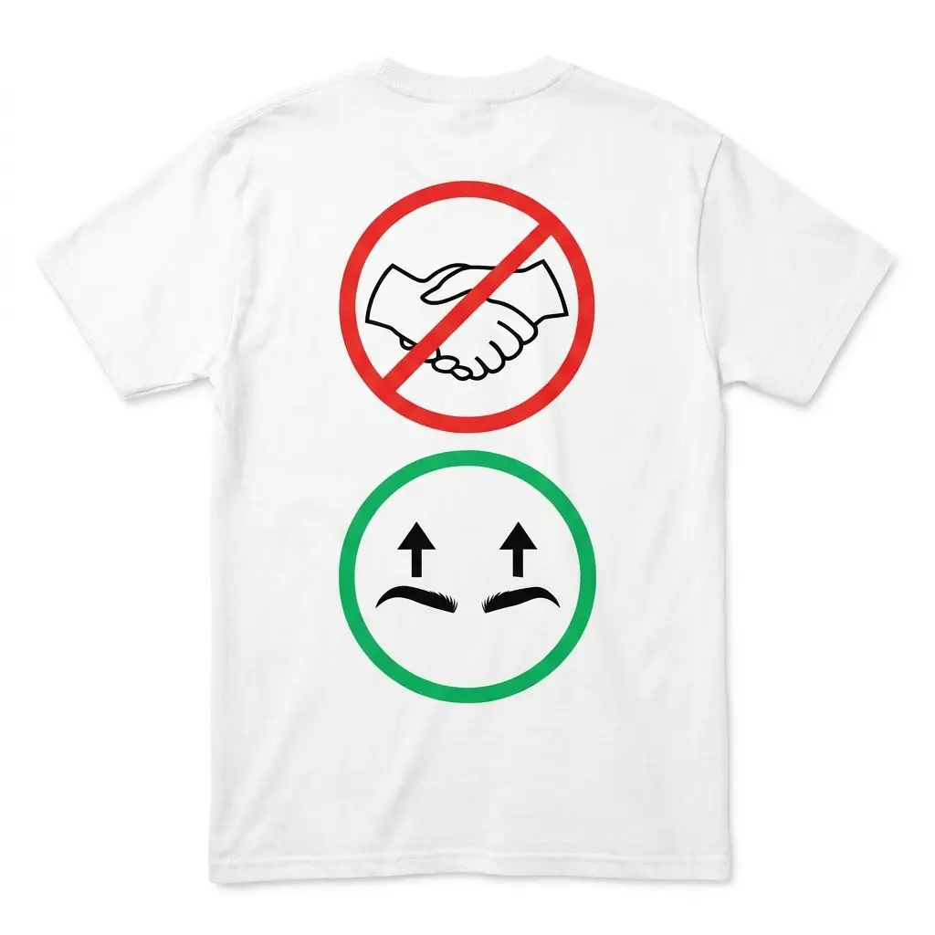 Flatlay white t-shirt featuring back print with a red no-handshake symbol above a green circle showing raised eyebrows with up arrows