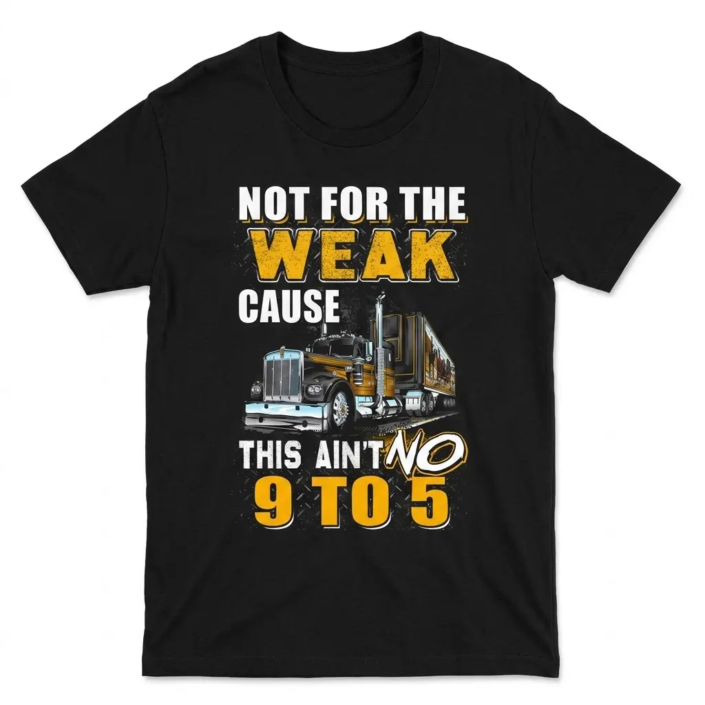 Not For The Weak This Ain't No 9 To 5 Trucker T-Shirt 1 Not For The Weak This Ain't No 9 To 5 Trucker T-Shirt flatlay on a black tee with a black and gold semi-truck graphic