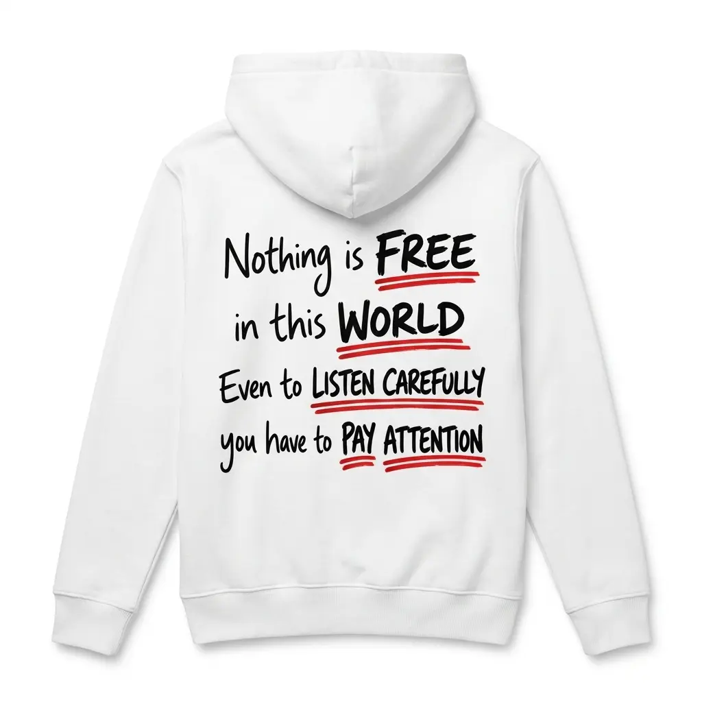 Back flat lay of a hoodie printed with the humorous Nothing is Free... Pay Attention pun text graphic underlined in red.
