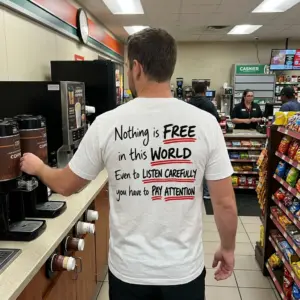 Nothing Is Free Funny Pay Attention Pun T-Shirt 10 Lifestyle presentation highlighting the back design of the Nothing Is Free Pay Attention pun shirt.