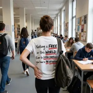 Nothing Is Free Funny Pay Attention Pun T-Shirt 11 Casual setting showcasing the back of the Nothing Is Free In This World pay attention pun graphic tee.
