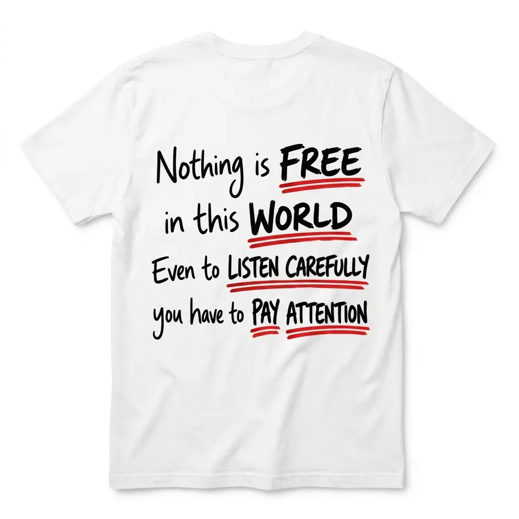 Flat lay back view of a white t-shirt featuring the funny quote Nothing Is Free In This World You Have To Pay Attention with red underlines.