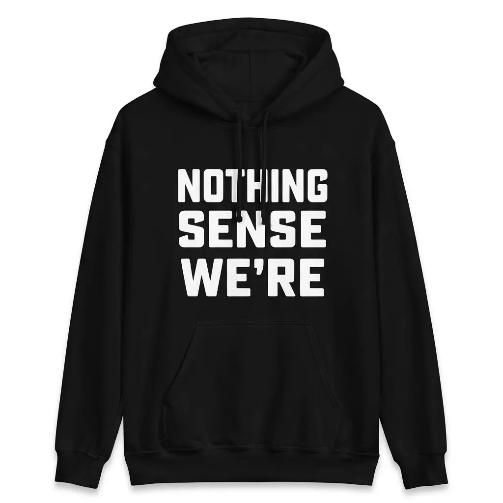 Front flatlay of a hoodie featuring the Nothing Sense We're funny grammar shirt design.