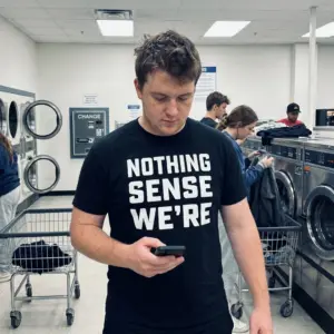 Nothing Sense We're Funny Grammar T-Shirt 10 Lifestyle view featuring the Nothing Sense We're grammar joke design on apparel.