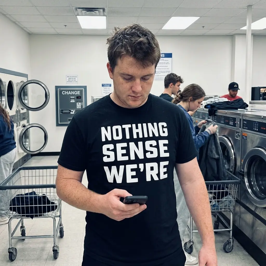 Lifestyle view featuring the Nothing Sense We're grammar joke design on apparel.