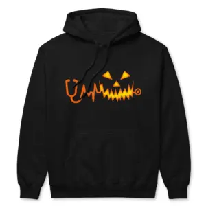 Nurse Stethoscope Heartbeat Glowing Pumpkin Halloween T-Shirt 7 Cozy pullover hoodie displaying black tee front print with an orange stethoscope and EKG heartbeat line forming a glowing jack-o'-lantern pumpkin face
