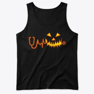 Nurse Stethoscope Heartbeat Glowing Pumpkin Halloween T-Shirt 8 Sleeveless casual tank top with black tee front print with an orange stethoscope and EKG heartbeat line forming a glowing jack-o'-lantern pumpkin face
