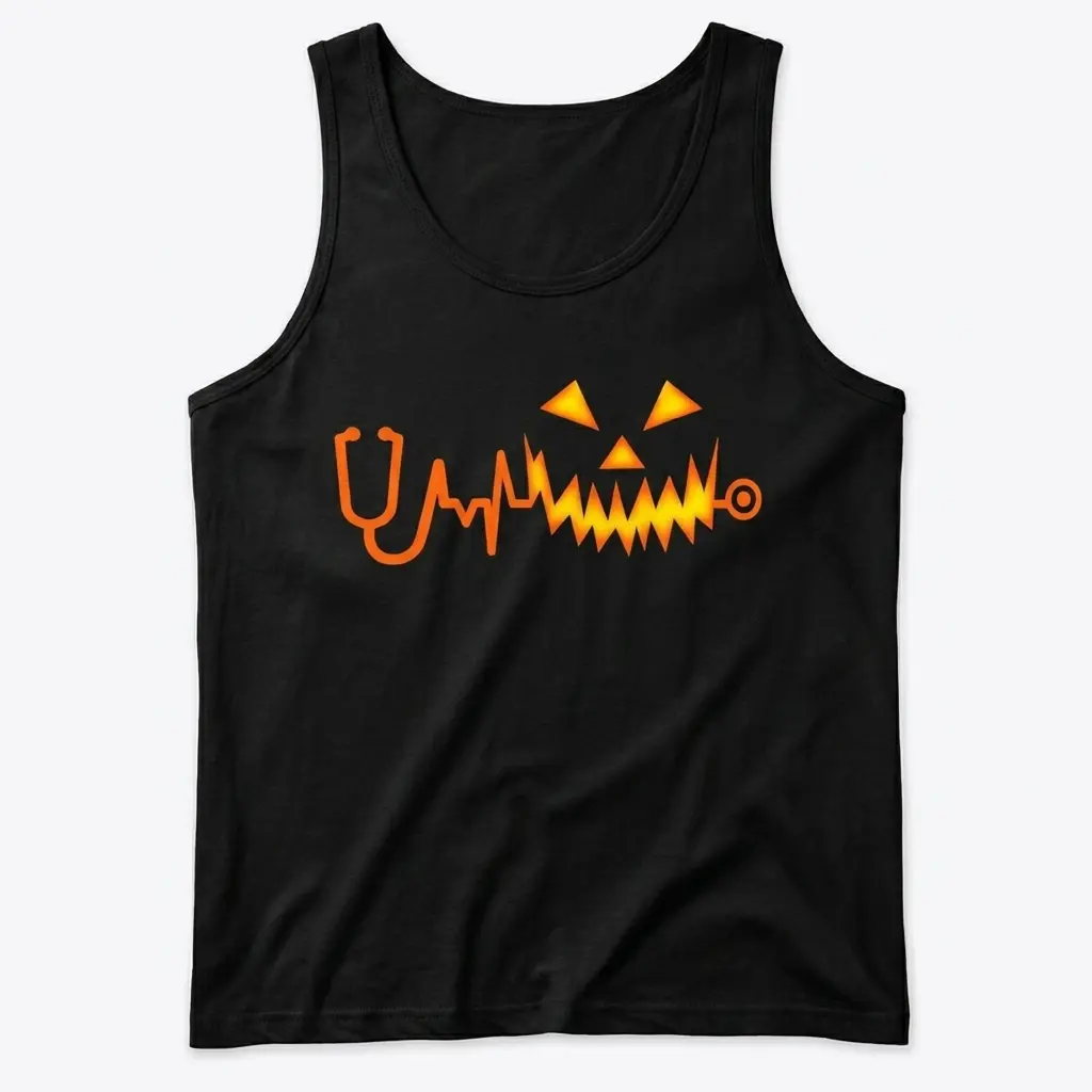 Sleeveless casual tank top with black tee front print with an orange stethoscope and EKG heartbeat line forming a glowing jack-o'-lantern pumpkin face