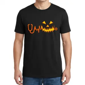 Nurse Stethoscope Heartbeat Glowing Pumpkin Halloween T-Shirt 9 Man wearing black graphic tee with black tee front print with an orange stethoscope and EKG heartbeat line forming a glowing jack-o'-lantern pumpkin face