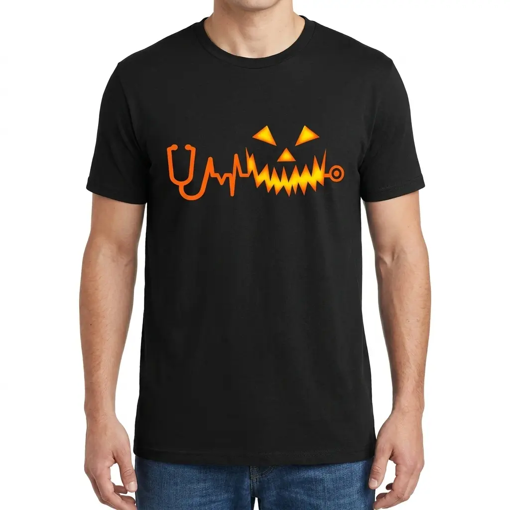 Man wearing black graphic tee with black tee front print with an orange stethoscope and EKG heartbeat line forming a glowing jack-o'-lantern pumpkin face