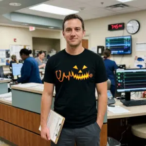 Nurse Stethoscope Heartbeat Glowing Pumpkin Halloween T-Shirt 10 Man wearing a black T-shirt with an orange stethoscope, heartbeat line and jack-o’-lantern face in a hospital ward.