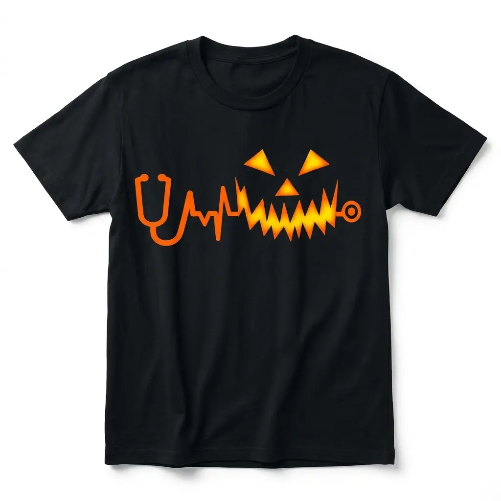 Flatlay black t-shirt featuring black tee front print with an orange stethoscope and EKG heartbeat line forming a glowing jack-o'-lantern pumpkin face