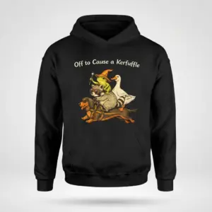 Off to Cause a Kerfuffle Funny Animal T-Shirt 7 Black pullover hoodie printed with the Off to Cause a Kerfuffle graphic of a wizard frog, raccoon, and goose riding a wiener dog