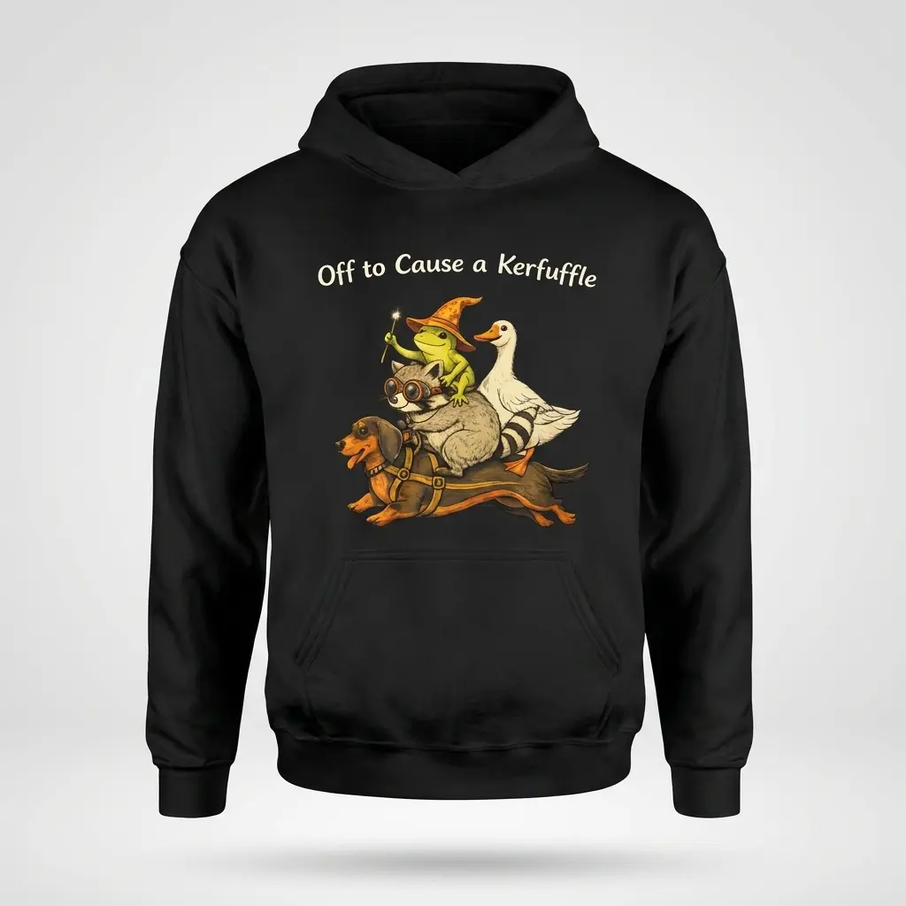 Off to Cause a Kerfuffle Funny Animal T-Shirt 2 Black pullover hoodie printed with the Off to Cause a Kerfuffle graphic of a wizard frog, raccoon, and goose riding a wiener dog