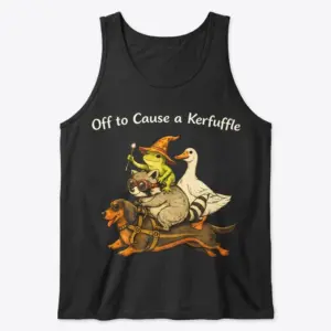 Off to Cause a Kerfuffle Funny Animal T-Shirt 8 Black sleeveless tank top featuring the Off to Cause a Kerfuffle artwork with a frog in a witch hat, raccoon, goose, and dachshund