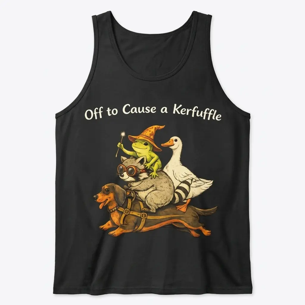 Off to Cause a Kerfuffle Funny Animal T-Shirt 3 Black sleeveless tank top featuring the Off to Cause a Kerfuffle artwork with a frog in a witch hat, raccoon, goose, and dachshund