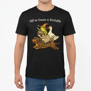 Off to Cause a Kerfuffle Funny Animal T-Shirt 9 Standing man wearing a black crew neck tee with the Off to Cause a Kerfuffle funny animal stack illustration