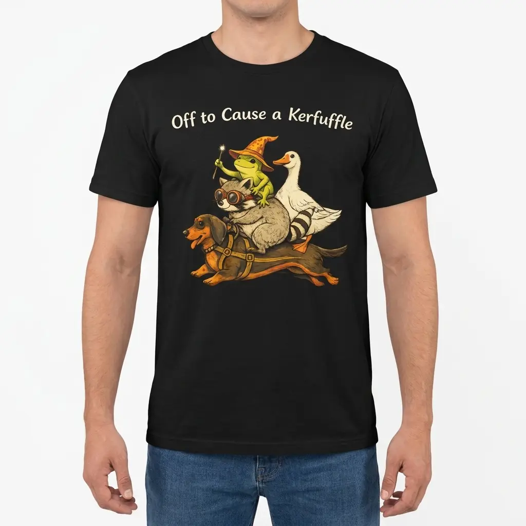 Off to Cause a Kerfuffle Funny Animal T-Shirt 4 Standing man wearing a black crew neck tee with the Off to Cause a Kerfuffle funny animal stack illustration