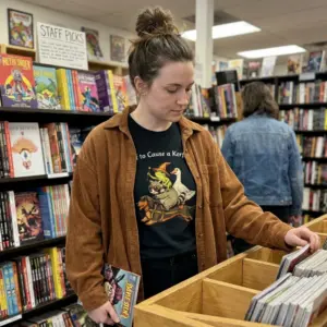 Off to Cause a Kerfuffle Funny Animal T-Shirt 10 Woman browsing a bookstore in a brown corduroy jacket over a black Off to Cause a Kerfuffle dachshund, raccoon, frog, and goose graphic tee