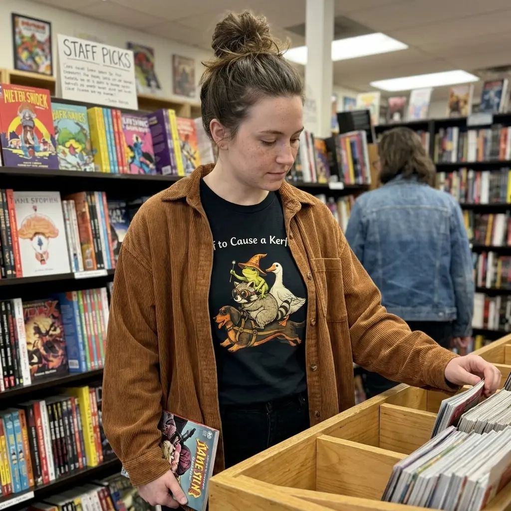 Off to Cause a Kerfuffle Funny Animal T-Shirt 5 Woman browsing a bookstore in a brown corduroy jacket over a black Off to Cause a Kerfuffle dachshund, raccoon, frog, and goose graphic tee