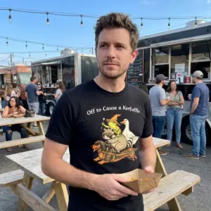Off to Cause a Kerfuffle Funny Animal T-Shirt 11 Man at an outdoor food truck park wearing a black Off to Cause a Kerfuffle funny woodland animals riding a dachshund t-shirt
