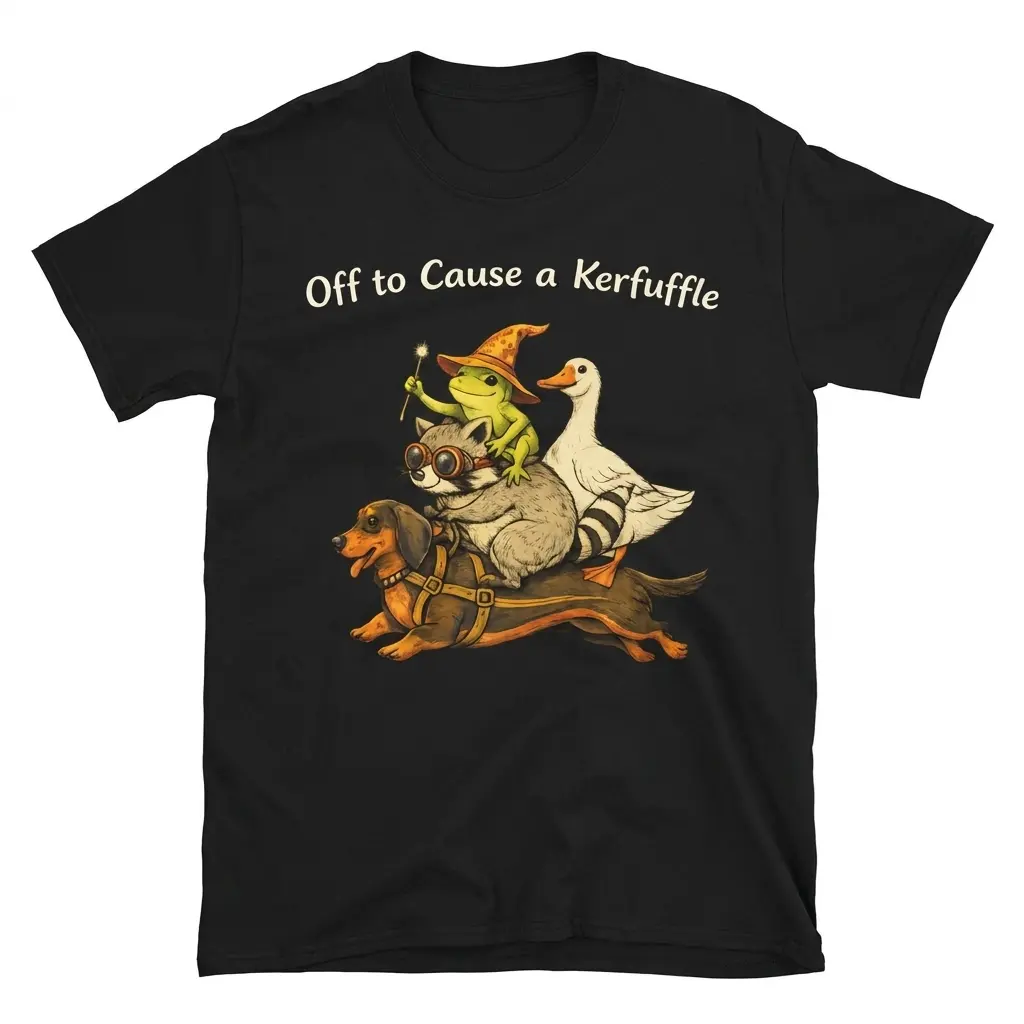 Off to Cause a Kerfuffle Funny Animal T-Shirt 1 Off to Cause a Kerfuffle Shirt ? black flat lay tee showing a wizard frog, raccoon, and white goose riding a running dachshund dog