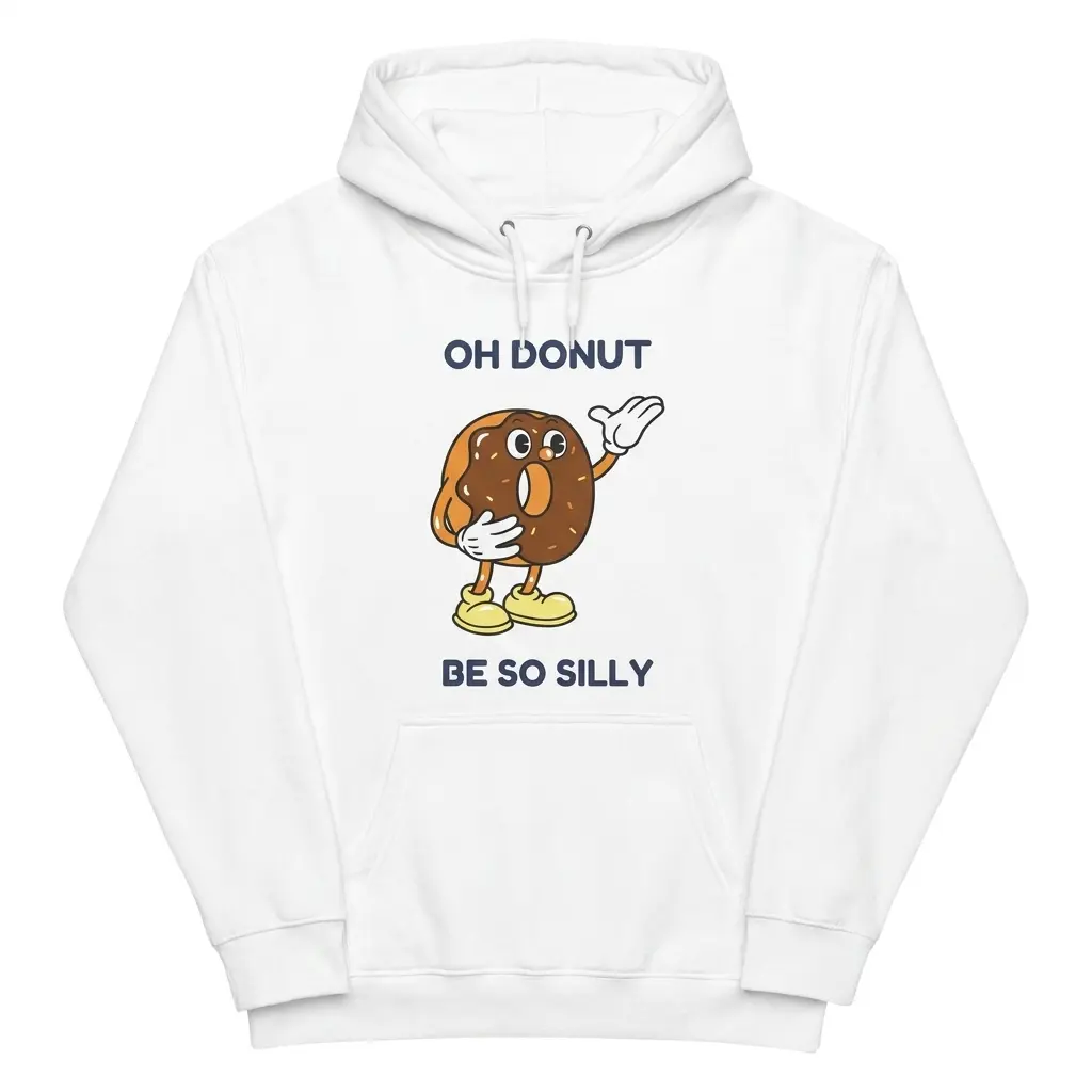 Front flat lay of a hoodie printed with a vintage cartoon chocolate glazed donut character and the phrase Oh Donut Be So Silly.