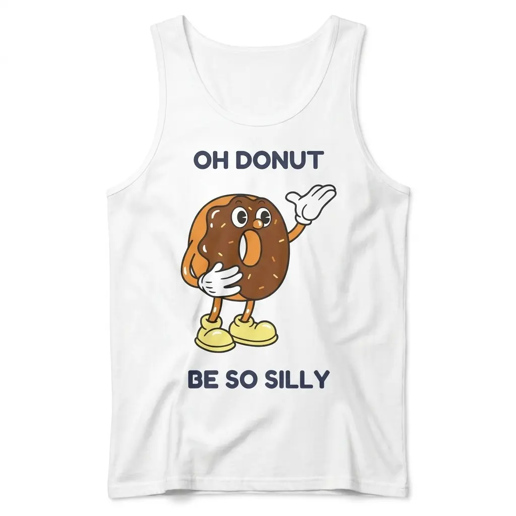 Front flat lay of a tank top with a funny cartoon donut character and text reading Oh Donut Be So Silly.