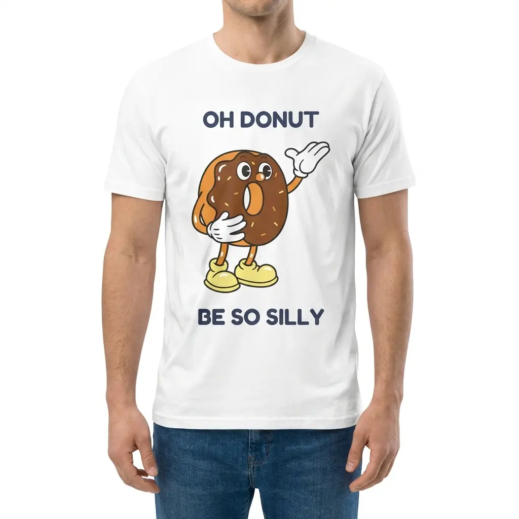 Front view of a man wearing the Oh Donut Be So Silly t-shirt featuring a retro cartoon donut.